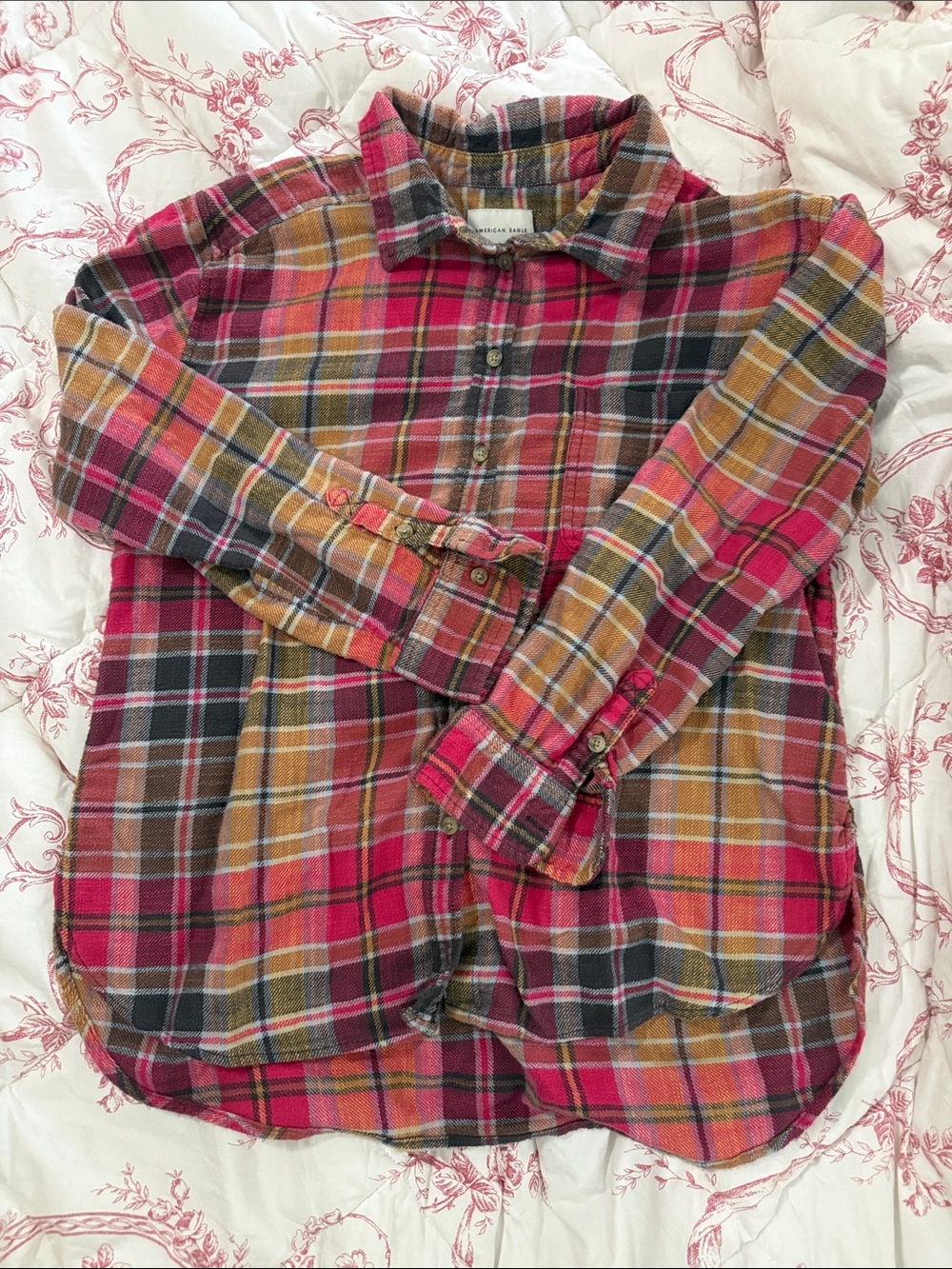 American Eagle Outfitters Plaid Button-Down Shirt in Pink and Mustard